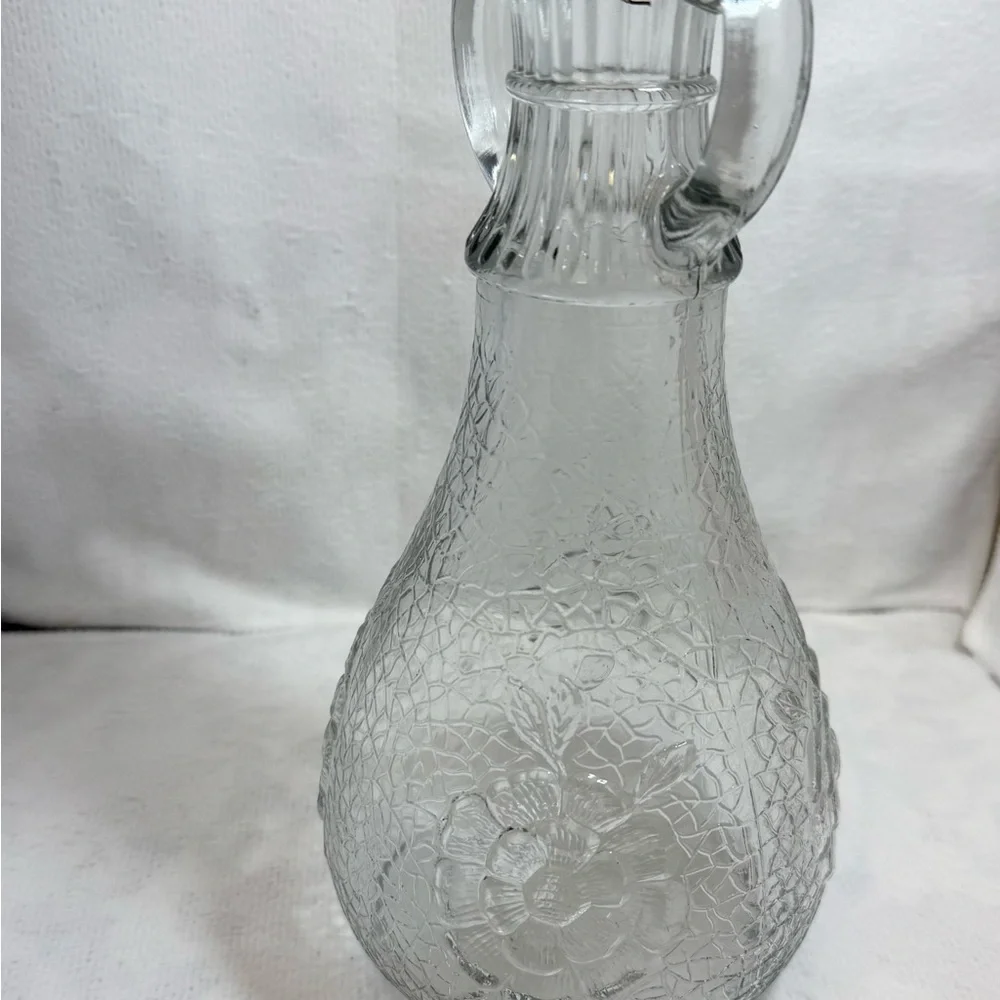 VTG White House Vinegar Bottle Floral Textured Glass Double Handled Pitcher Vase